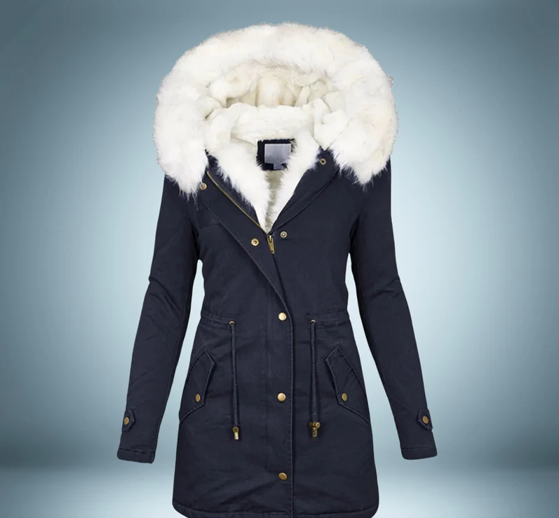 Stylische Parka Damen Schwarz Pelzbesatz