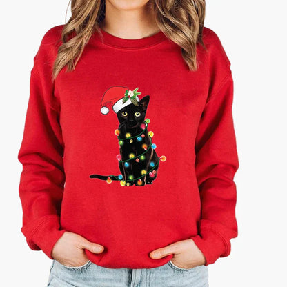 Weihnachtspullover Katze Lichterkette - Lustiger Katzen Sweater Winter