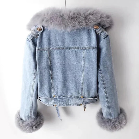 Modische Denimjacke Kunstfellgefüttert Warm - IdealeKleiden