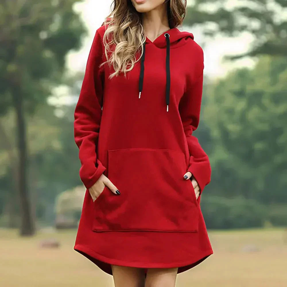Damen Hoodie Kleid mit Kapuze und Seitentasche