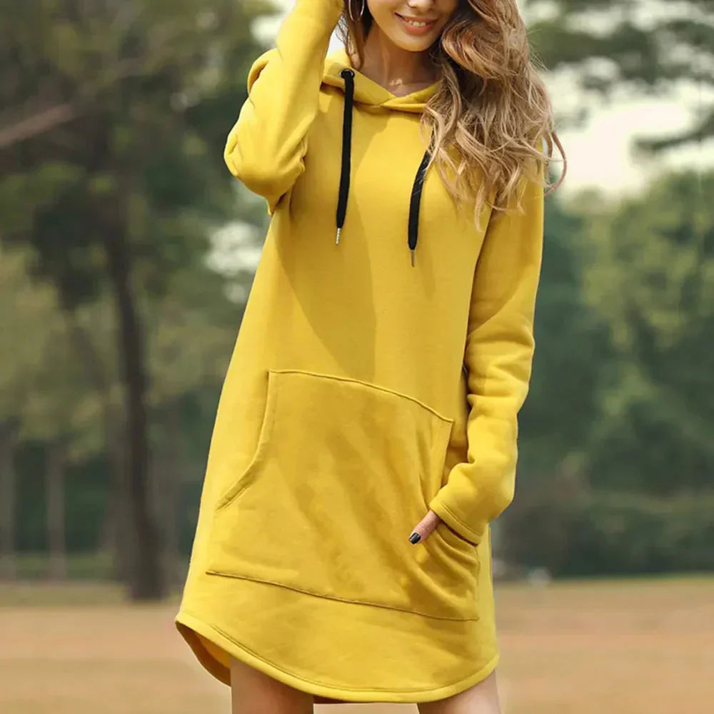 Damen Hoodie Kleid mit Kapuze und Seitentasche