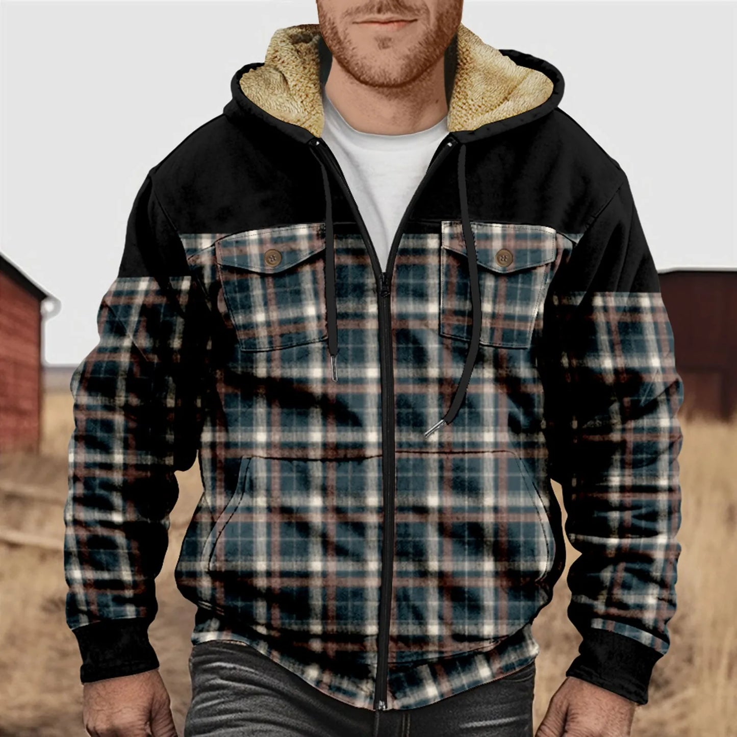 Herren Flanellhemd Kariert Fleece Warm Kapuze