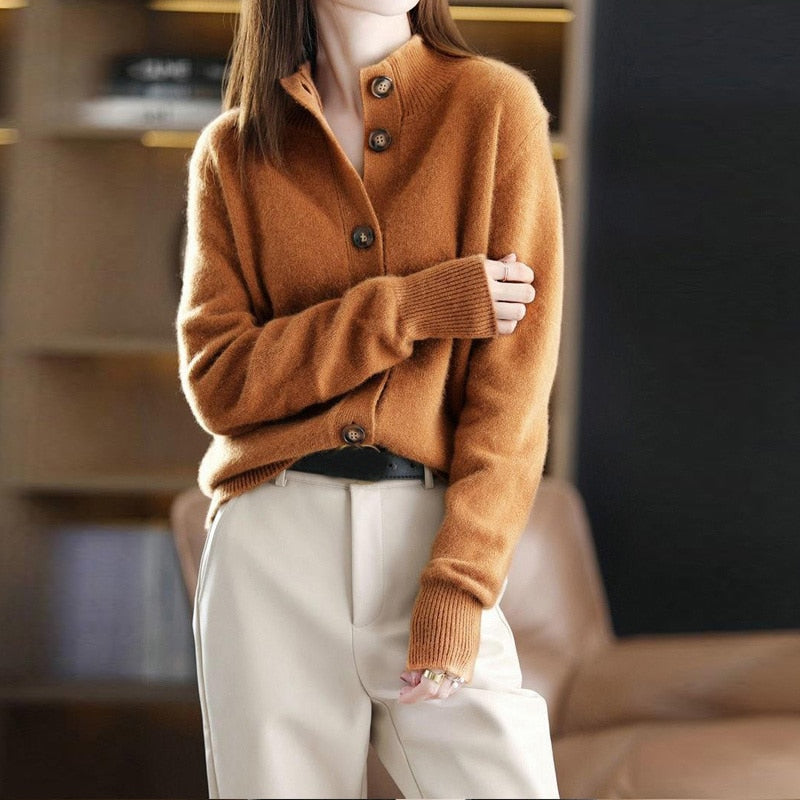 Strickjacke Wollmischung Lässig Rippbündchen Knöpfe