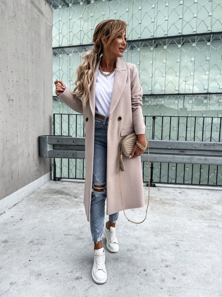 Damen Winterjacke Lang Elegant mit Reverskragen und Taschen