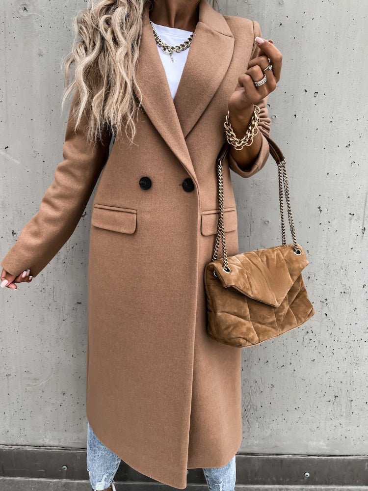 Damen Winterjacke Lang Elegant mit Reverskragen und Taschen
