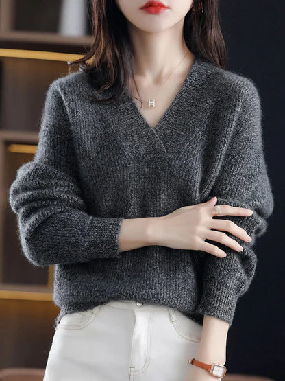 Damen Pullover V-Ausschnitt Langarm Strick