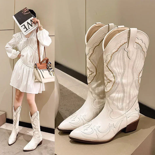 Westen Stiefel Damen Elegant Bestickt - IdealeKleiden