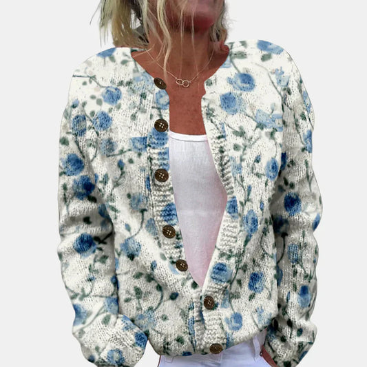 Stilvoller Blauer Cardigan Mit Trendigem Druck - IdealeKleiden