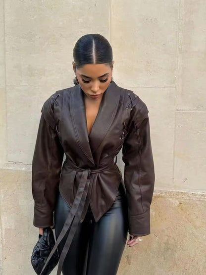 Stylische Lederjacke Schnürblazer Eleganter Kragen - IdealeKleiden