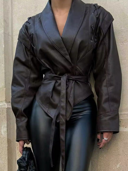Stylische Lederjacke Schnürblazer Eleganter Kragen