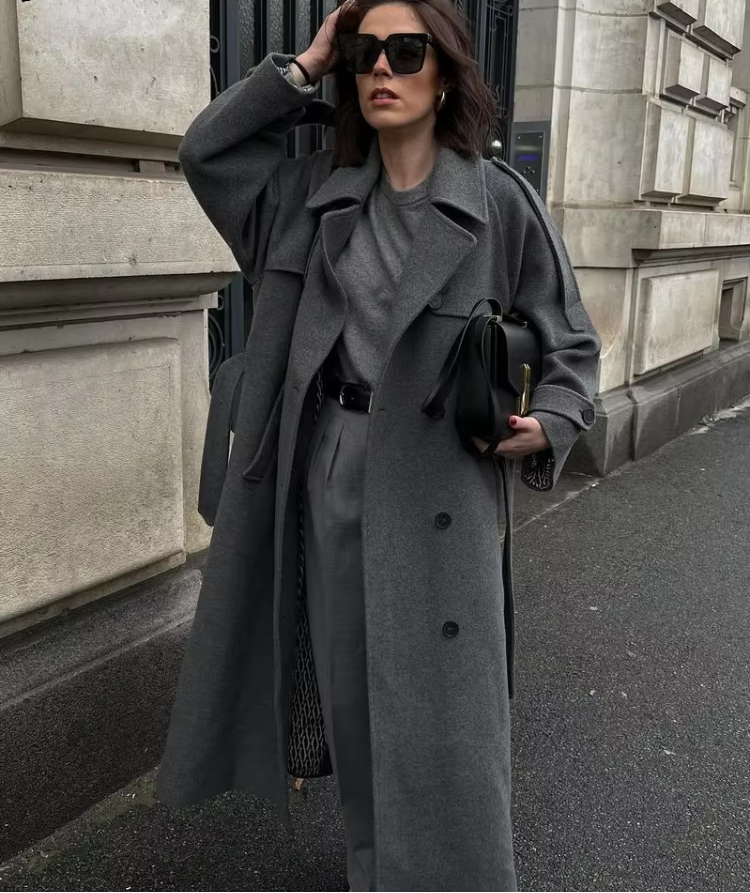 Damen Winter-Trenchcoat Lang Wollmantel Elegant