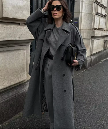 Damen Winter-Trenchcoat Lang Wollmantel Elegant