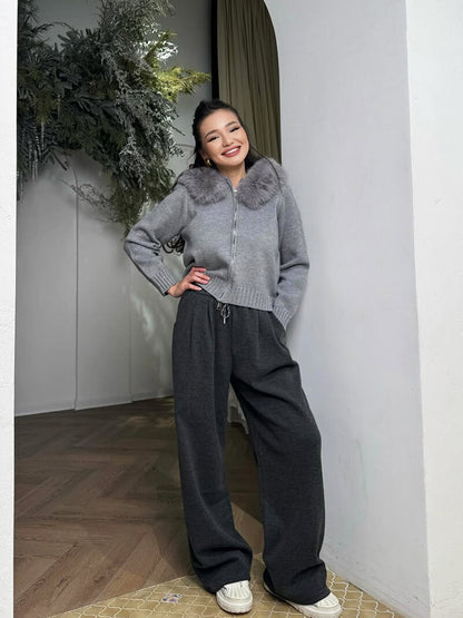 Kapuzenjacke Grau Kunstpelz Winterwarm - IdealeKleiden