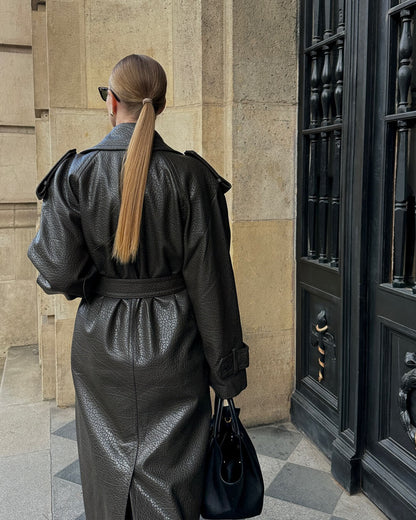 Damen Leder-Trenchcoat Lang Elegant Winter