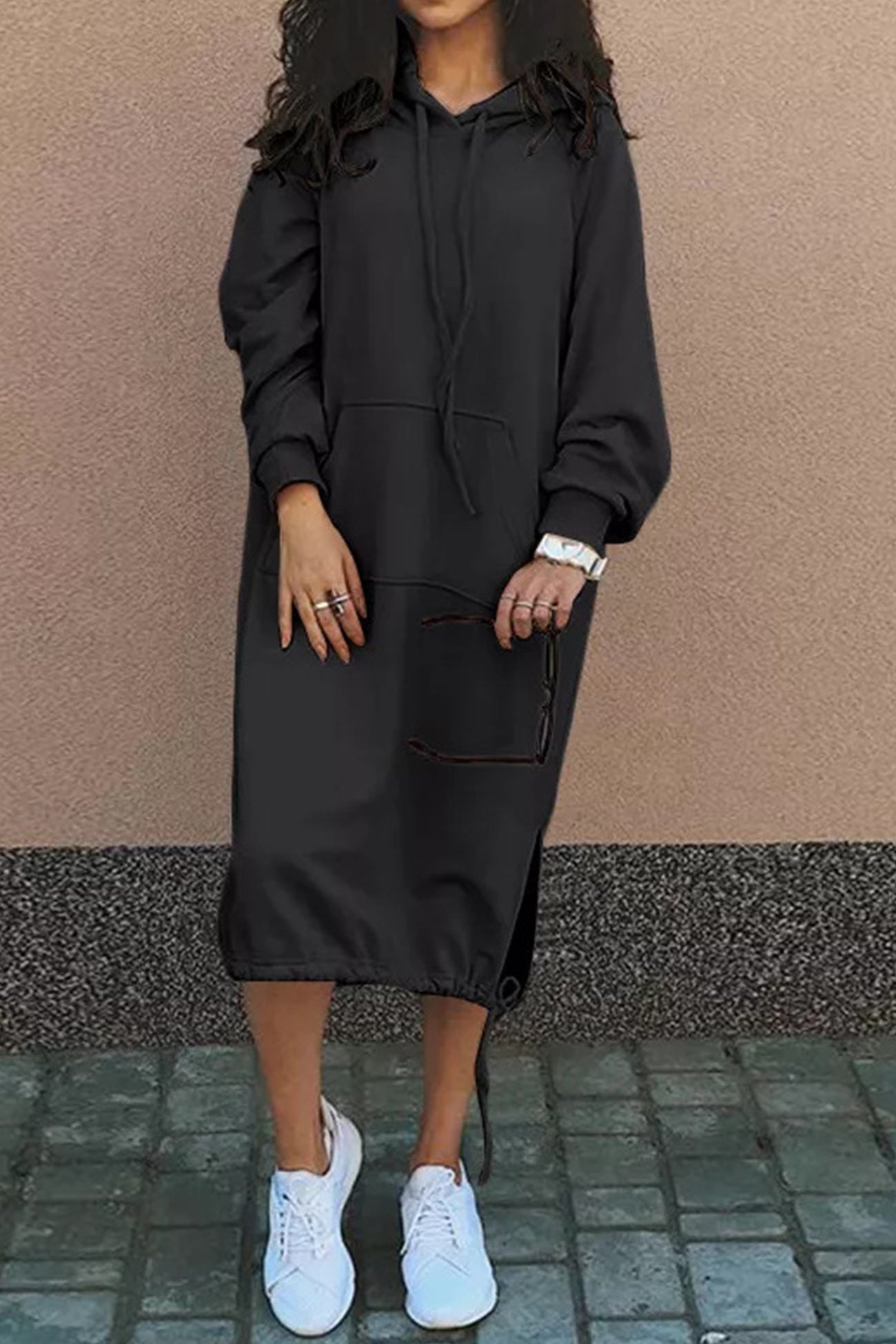 Kapuzenpullover Kleid Damen Knielang