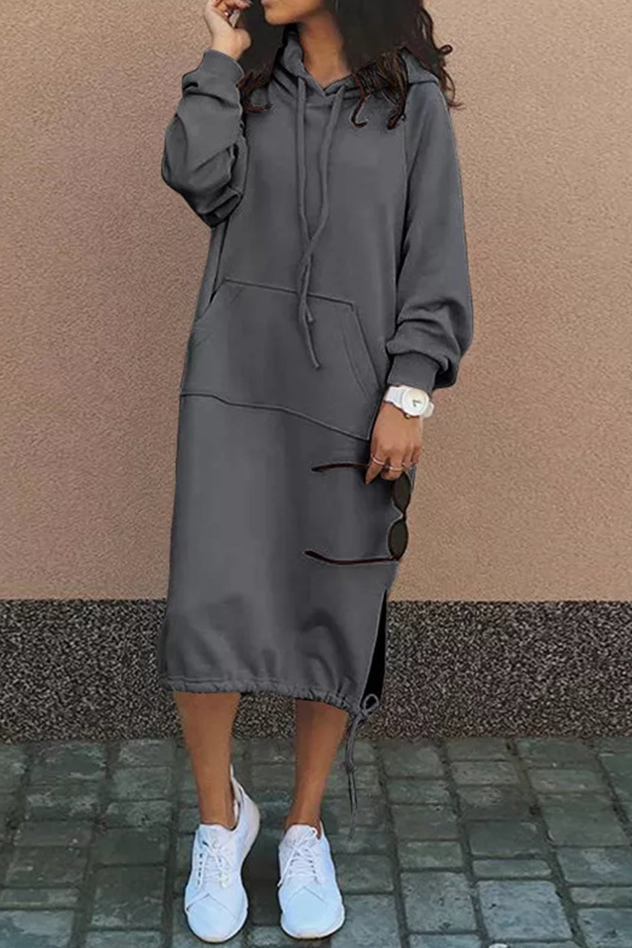 Kapuzenpullover Kleid Damen Knielang
