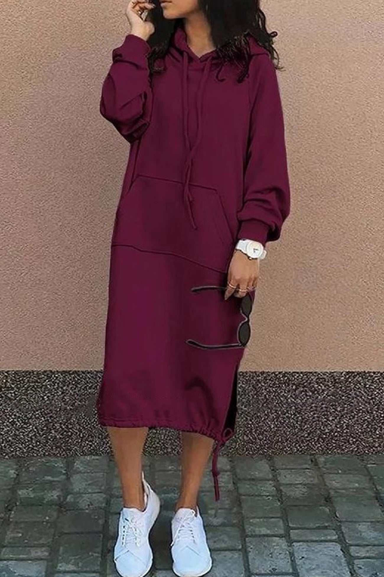 Kapuzenpullover Kleid Damen Knielang
