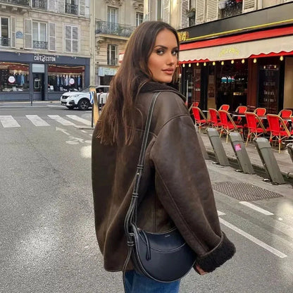 Stylische Lederjacke Frauen Elegant Winter - IdealeKleiden