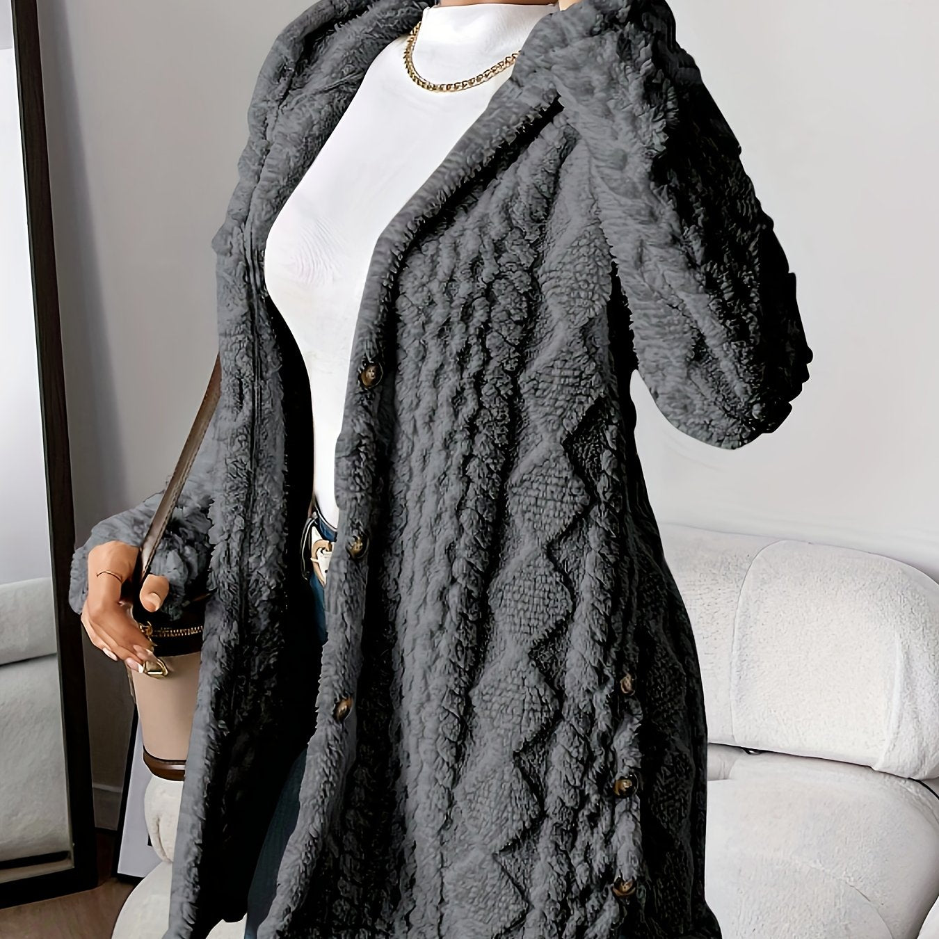 Damen Teddyjacke Warm Kapuze Knopf