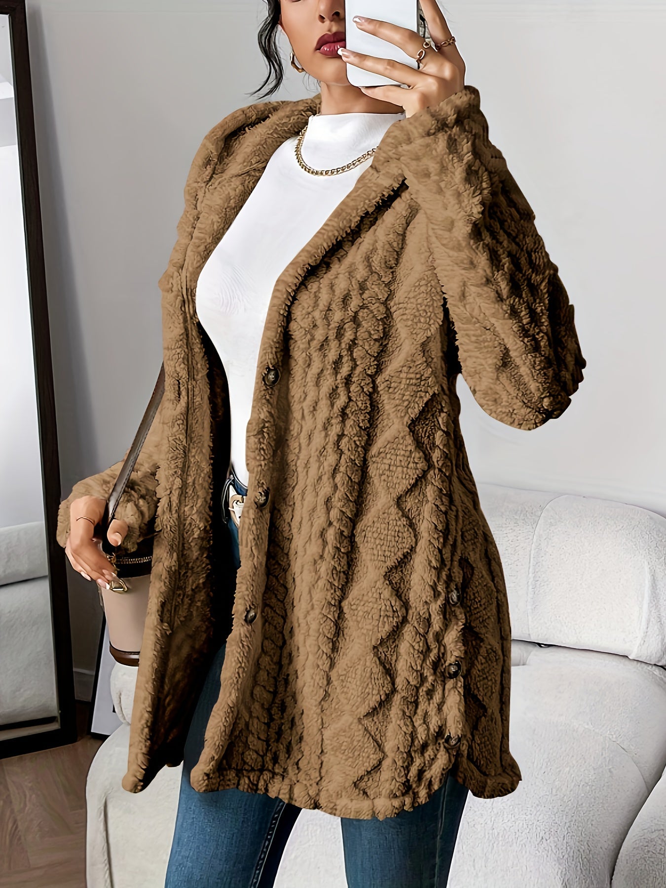 Damen Teddyjacke Warm Kapuze Knopf