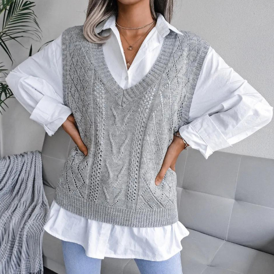 Damen Strickjacke V-Ausschnitt Kabelmuster Elegant - IdealeKleiden