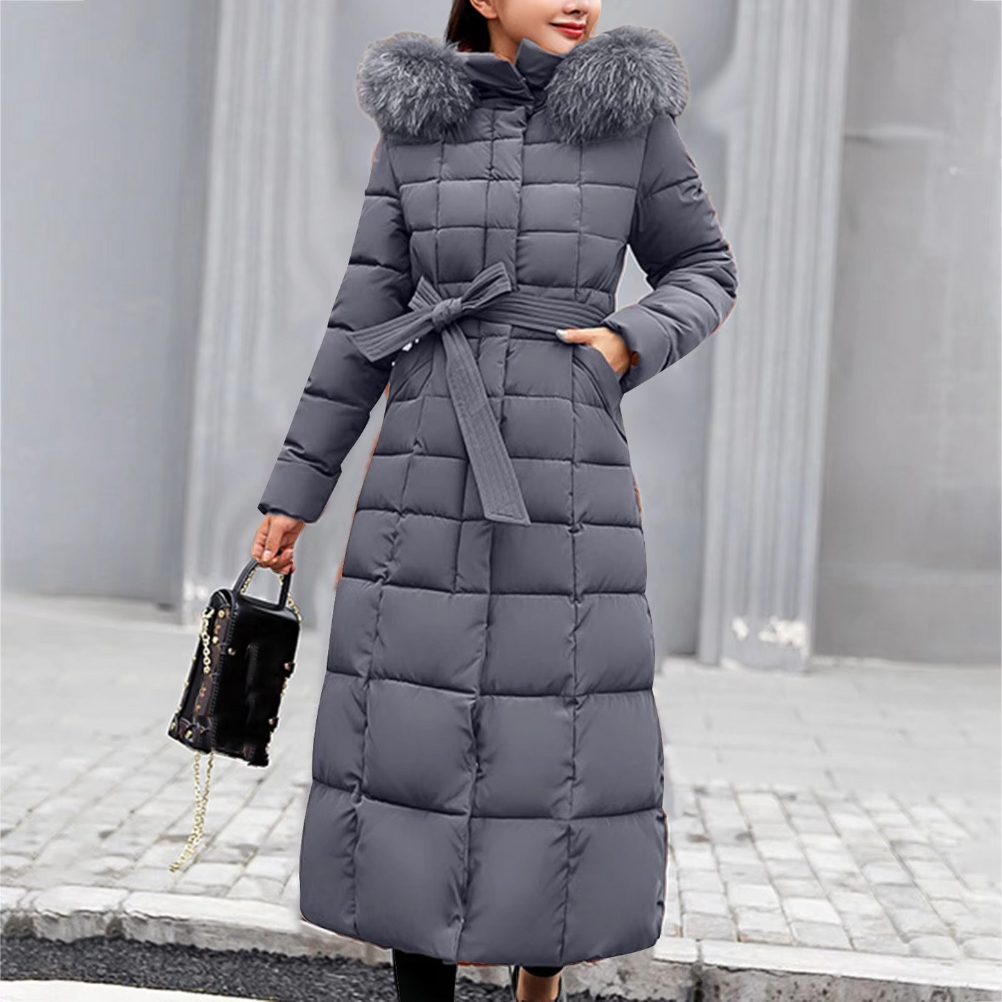 Damen Winterjacke Lang Elegant Pelzdetail
