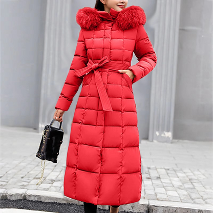 Damen Winterjacke Lang Elegant Pelzdetail