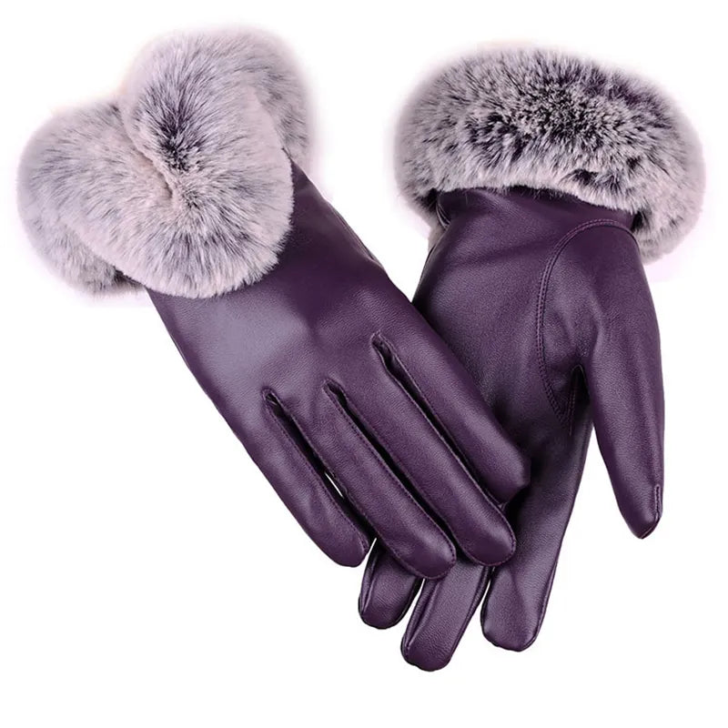 Elegante Damenhandschuhe Pu-Leder mit Kunstfell - IdealeKleiden