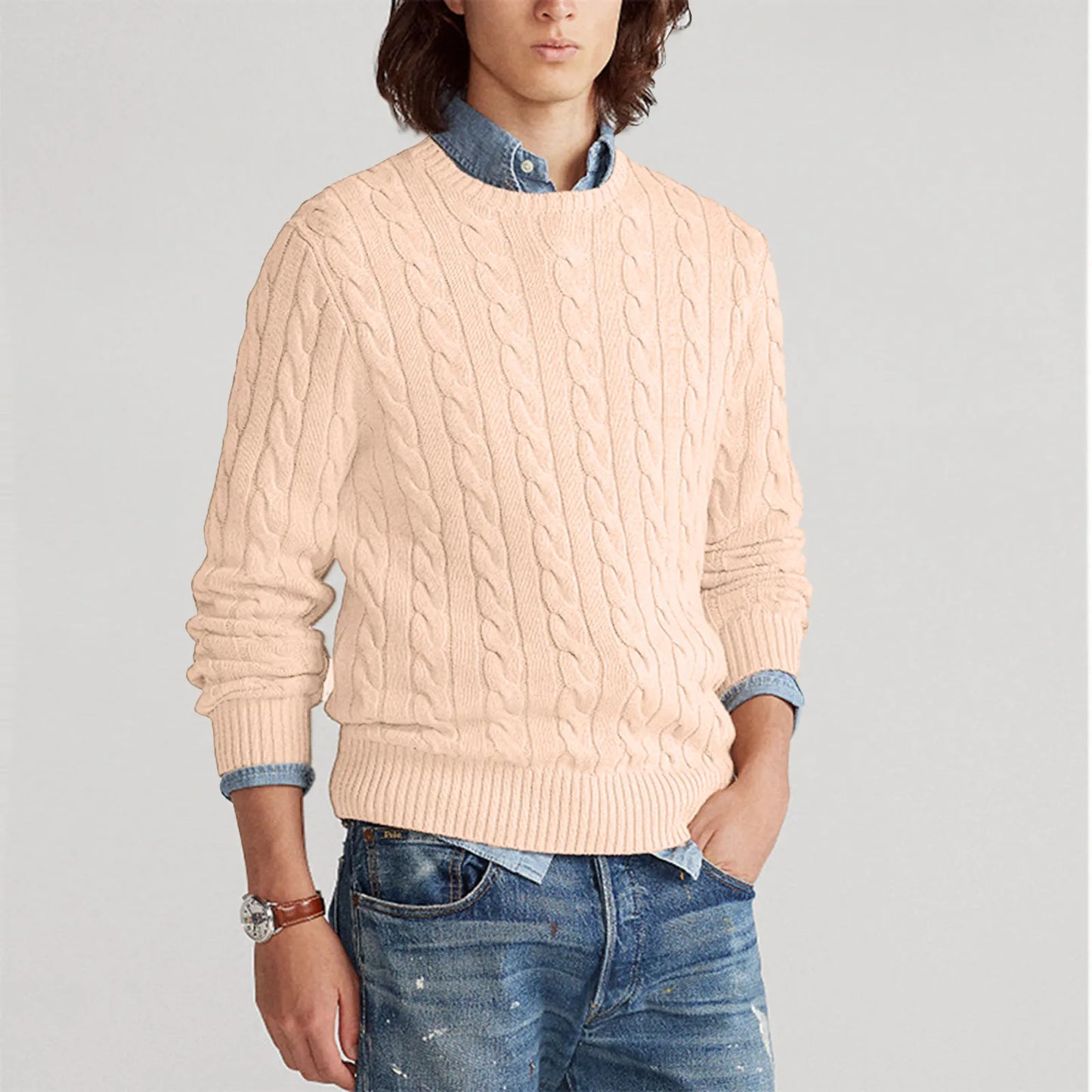 Herren Strickpullover Zopf Muster Rundhals