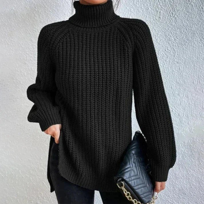 Schwarzer Rollkragen Pullover Grob Rippen Optik Frühjahr - IdealeKleiden