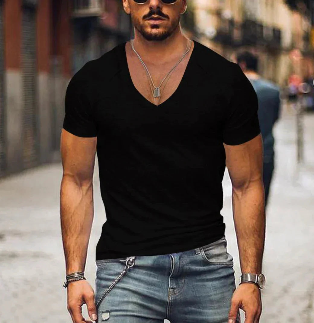 Herren T-Shirt Slim Fit V-Ausschnitt Kurzarm