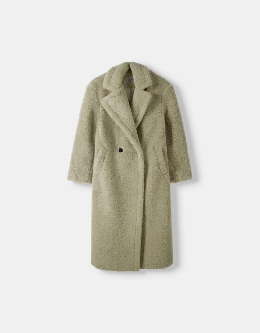 Damen Teddyjacke Lang Lederlook Reverskragen