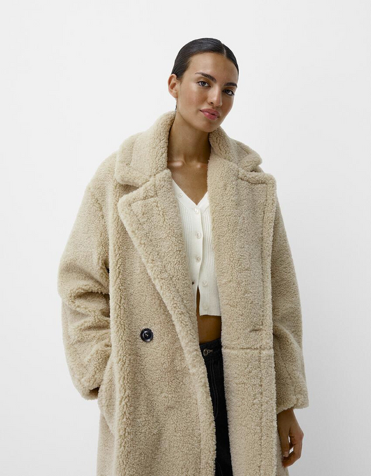 Damen Teddyjacke Lang Lederlook Reverskragen - IdealeKleiden