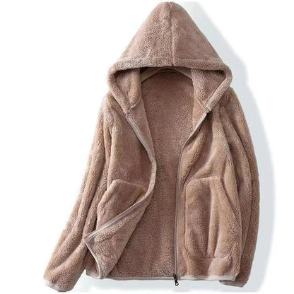 Damen Teddyjacke Warm Kapuze Reißverschluss - IdealeKleiden