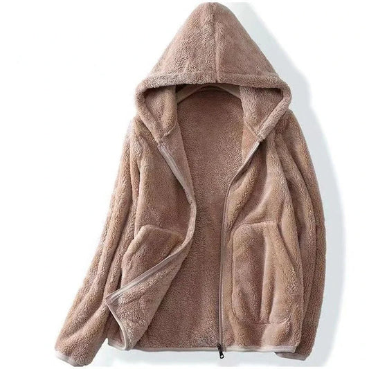 Damen Teddyjacke Warm Kapuze Reißverschluss - IdealeKleiden