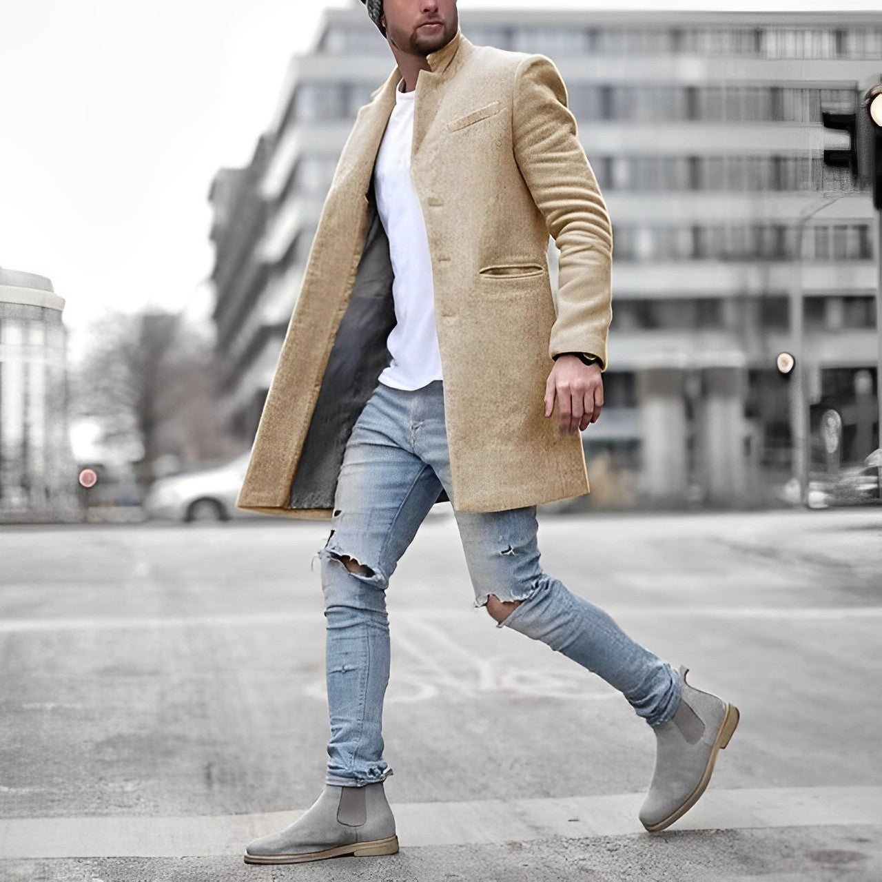 Herren Übermantel Lang Schwarz Elegent