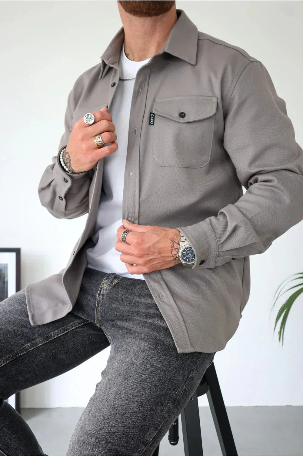 Herren Überhemd Langarm Button Down