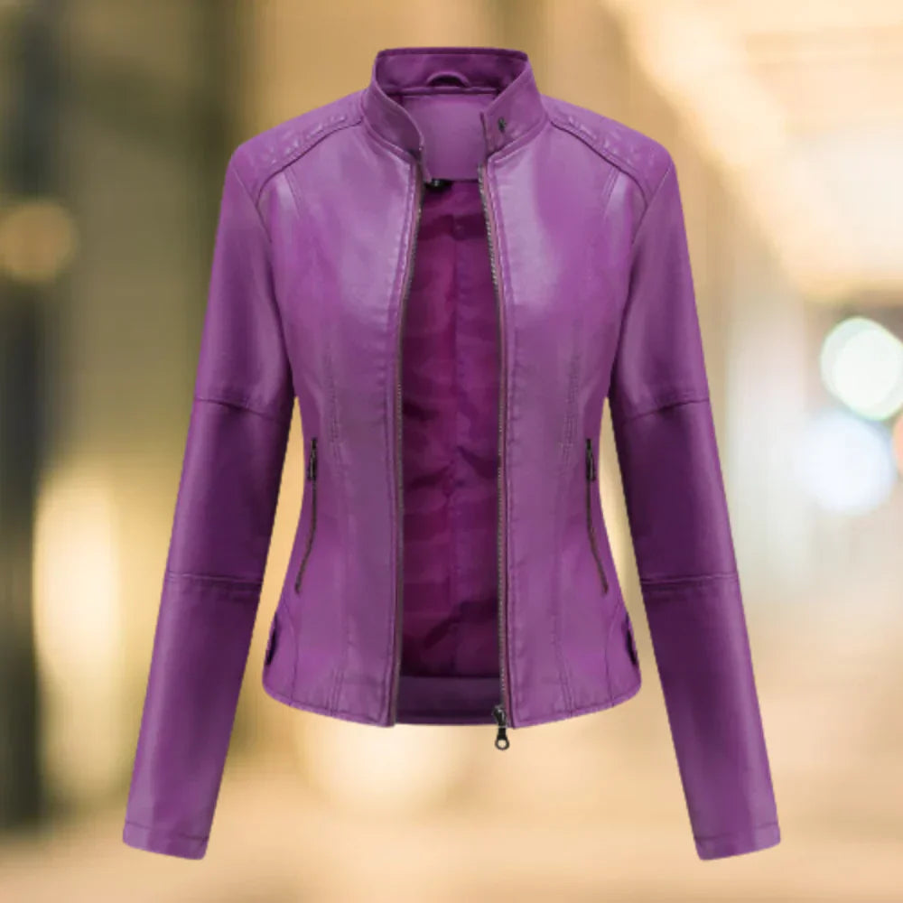 Lederjacke Slim Fit Stehkragen Reißverschluss Hüftlänge →  Lederjacke Damen Slim Fit Stehkragen