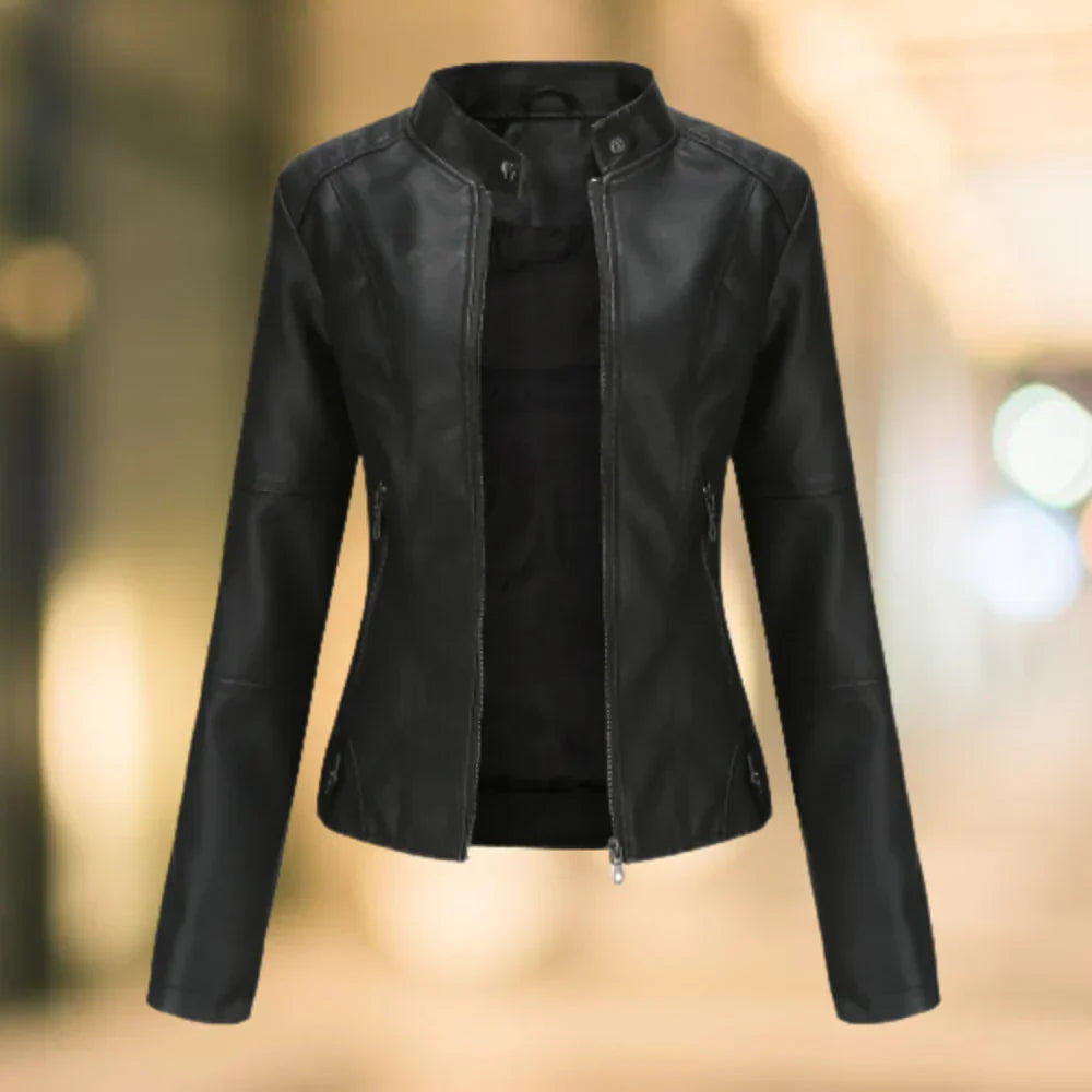 Lederjacke Slim Fit Stehkragen Reißverschluss Hüftlänge →  Lederjacke Damen Slim Fit Stehkragen