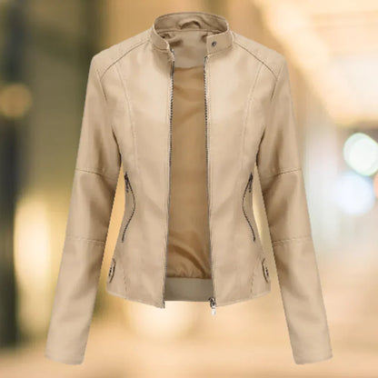 Lederjacke Slim Fit Stehkragen Reißverschluss Hüftlänge →  Lederjacke Damen Slim Fit Stehkragen