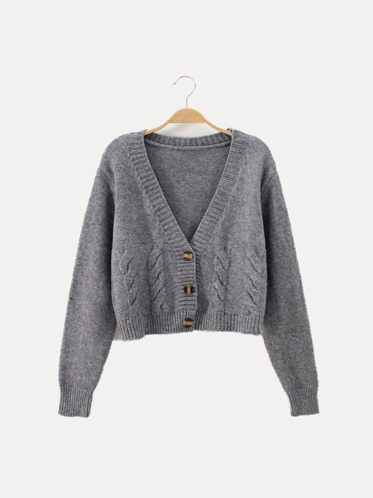 Damen Strickjacke Zopfmuster V-Ausschnitt Knopfverschluss - IdealeKleiden