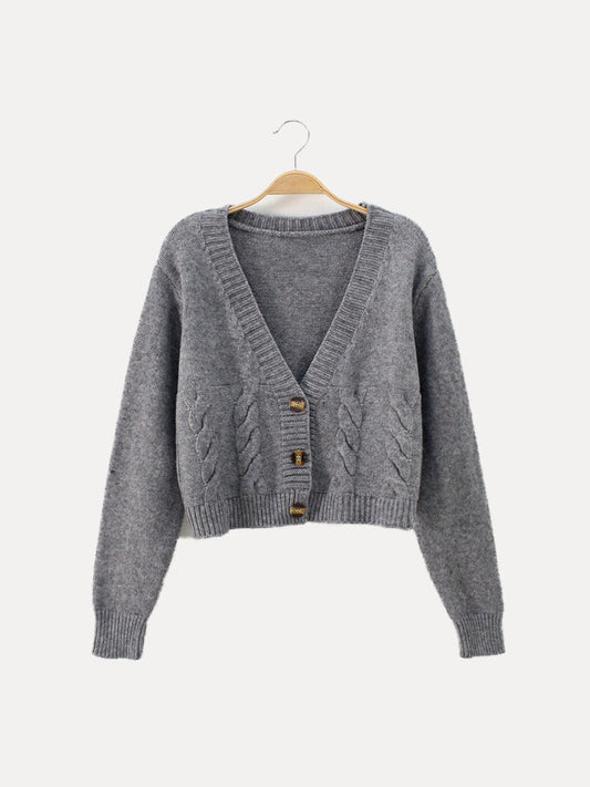 Damen Strickjacke Zopfmuster V-Ausschnitt Knopfverschluss - IdealeKleiden