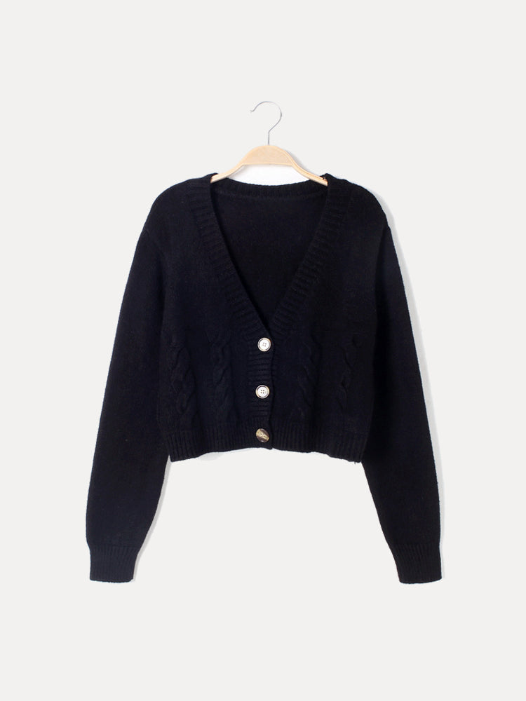 Damen Strickjacke Zopfmuster V-Ausschnitt Knopfverschluss