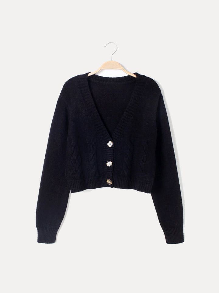 Damen Strickjacke Zopfmuster V-Ausschnitt Knopfverschluss