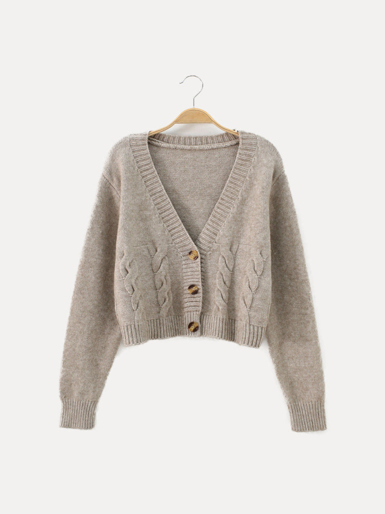 Damen Strickjacke Zopfmuster V-Ausschnitt Knopfverschluss