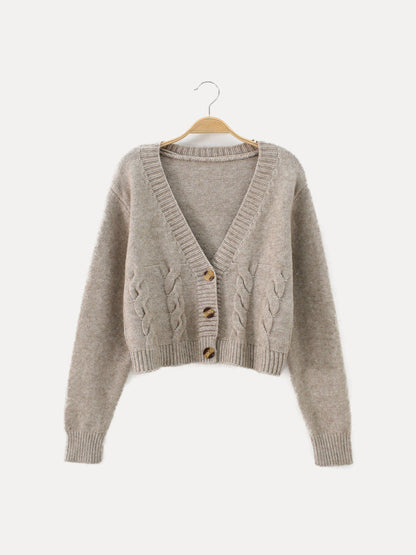 Damen Strickjacke Zopfmuster V-Ausschnitt Knopfverschluss
