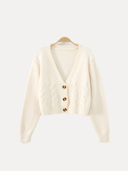 Damen Strickjacke Zopfmuster V-Ausschnitt Knopfverschluss