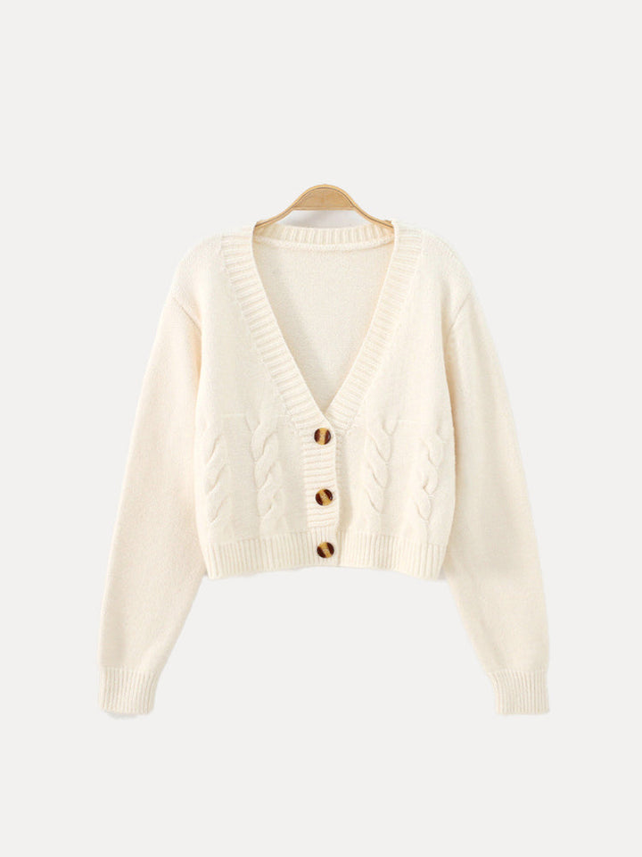 Damen Strickjacke Zopfmuster V-Ausschnitt Knopfverschluss