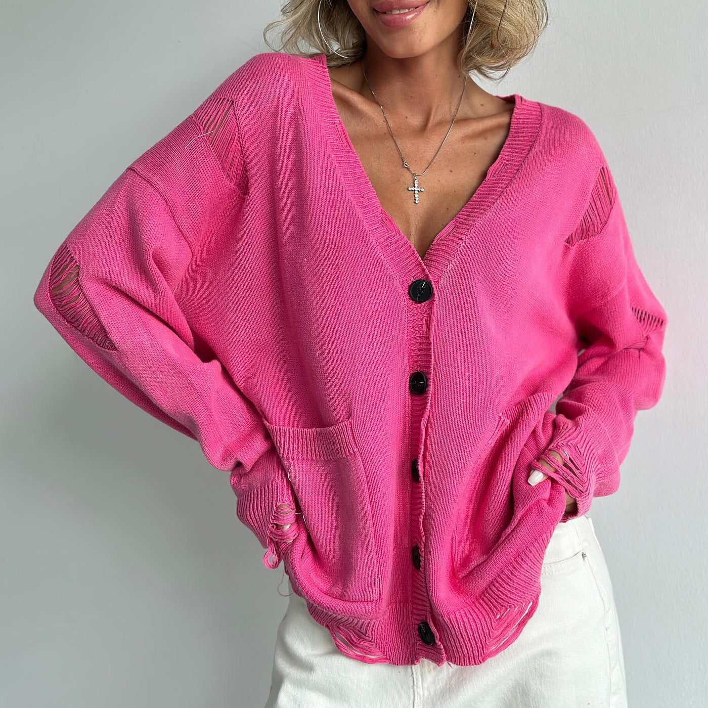 Damen Pullover Baumwolle V-Ausschnitt Taschen