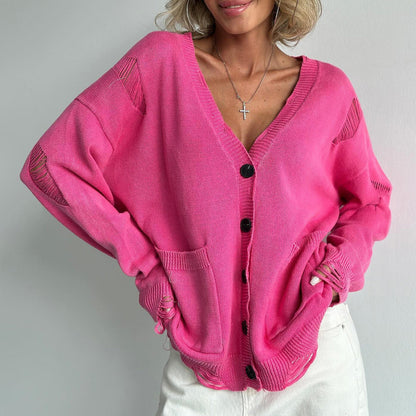 Damen Pullover Baumwolle V-Ausschnitt Taschen